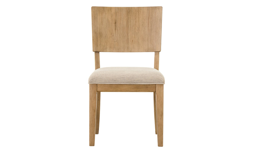 Wooden chair with a beige cushion on a white background